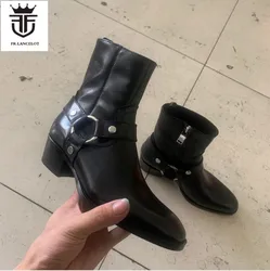 Brand New women ankle boots lady booties metal buckle pointed black leather boot med heel botas 4cm heel