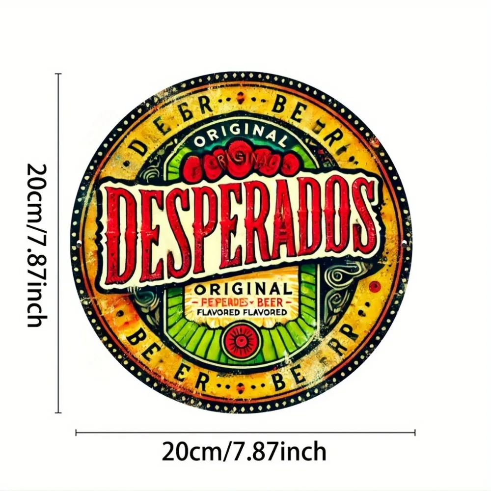 لافتة معدنية مسطحة عتيقة من Desperados للبيرة - لوحة فنية جدارية مستديرة من الألومنيوم مقاس 8 × 8 بوصة، تصميم زهور نابضة بالحياة للمنزل البار