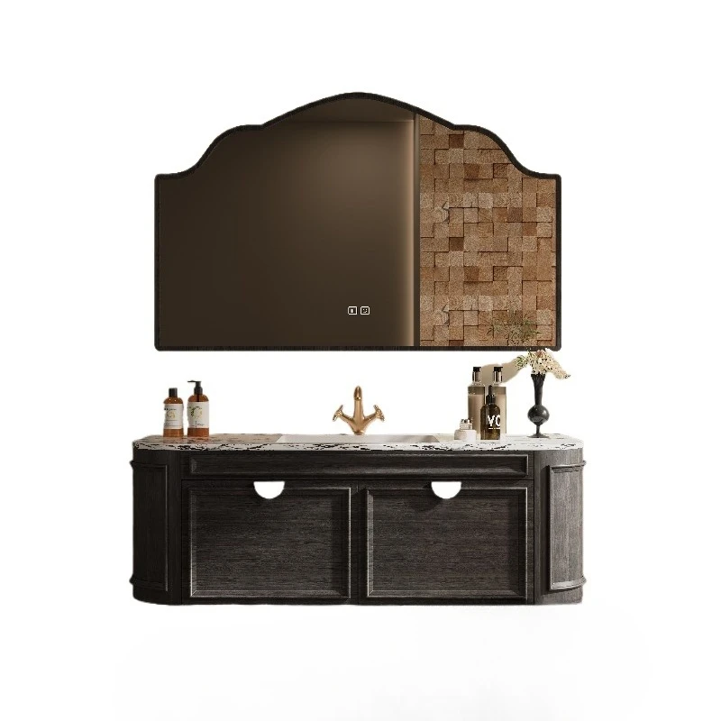 

Тумба для ванной комнаты с керамической интегрированной раковиной, комбинированный шкафчик в стиле французского ретро, умывальник.