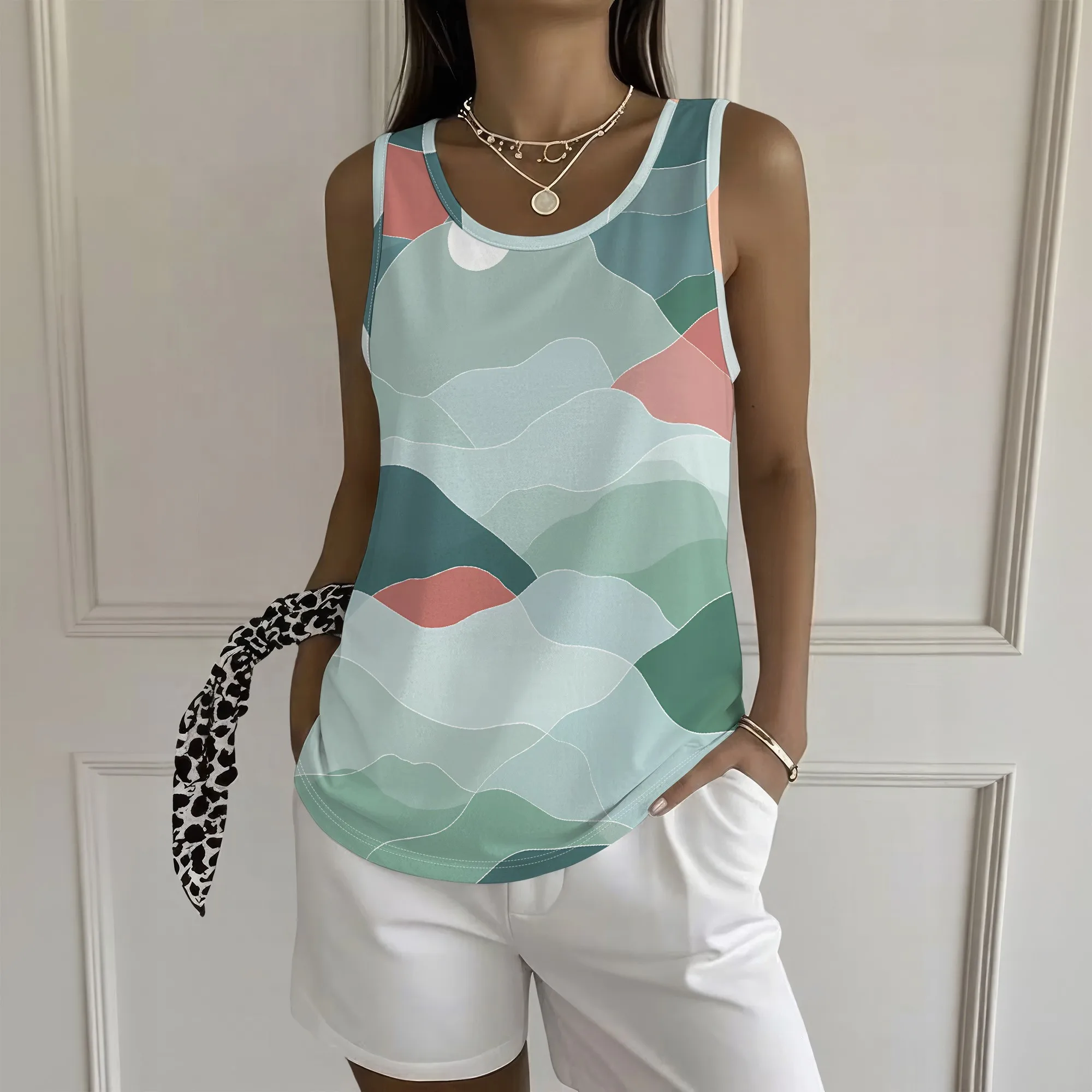 Abstract Wave Print Tank Top, Pastel Color Block Sleeveless Shirt, Summer Casual Loose Fit Tee for Women, S-2XL