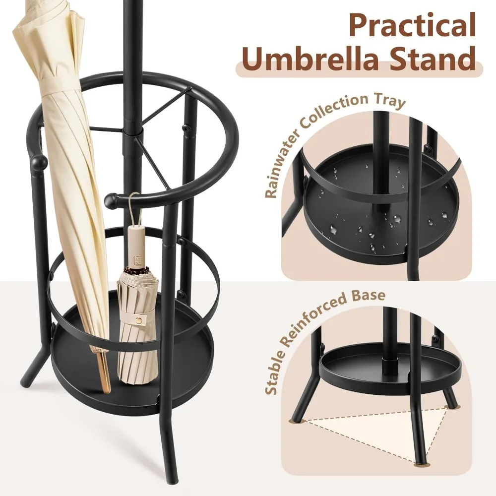 رف معطف قوي قائم بذاته مع حامل مظلة، شماعة شجرة شديدة التحمل مكونة من 12 خطافًا للمعيشة في المدخل #4