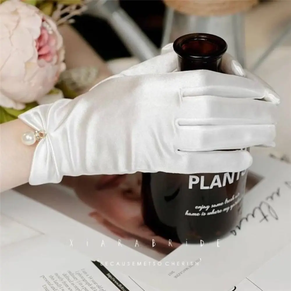 1 Pair Beautiful Short Glove White Satin Gloves Wedding Elegant Mesh Bow Knot Gloves Sweet Thin Lace Gloves Women Ladies/Girls
