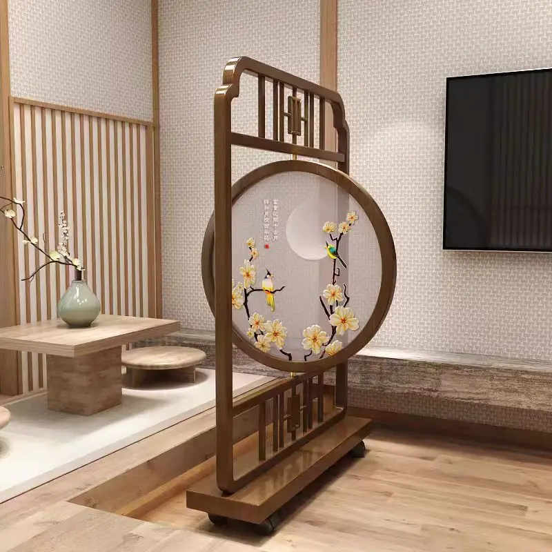 New Chinese solid wood screen home partition double-sided embroidery bedroom block decorative home modern seat screen door