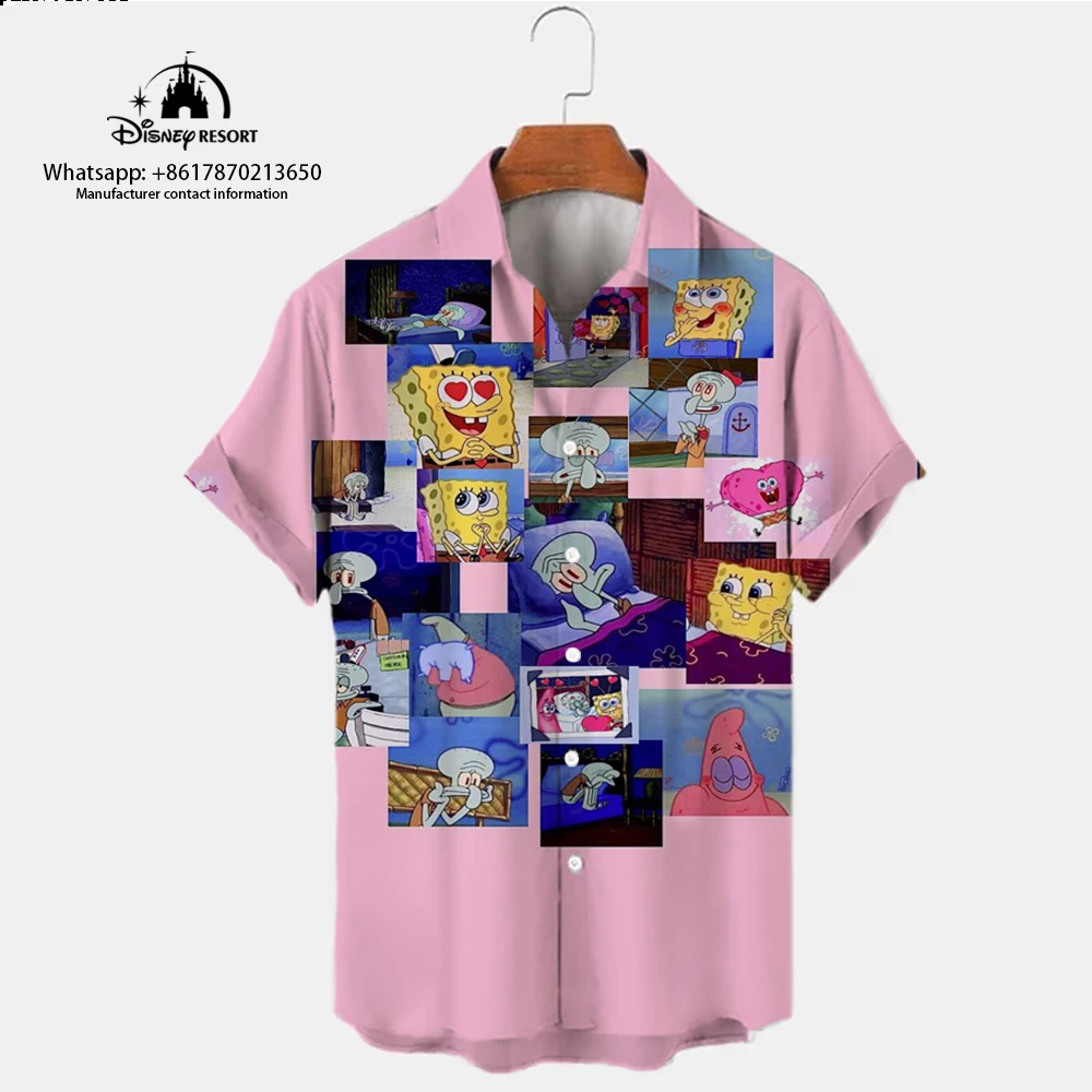 2024 New Harajuku Street Spongebob Cartoon Summer Fashion Casual Trend Versatile Men's Lapel Short Sleeve Shirt Top