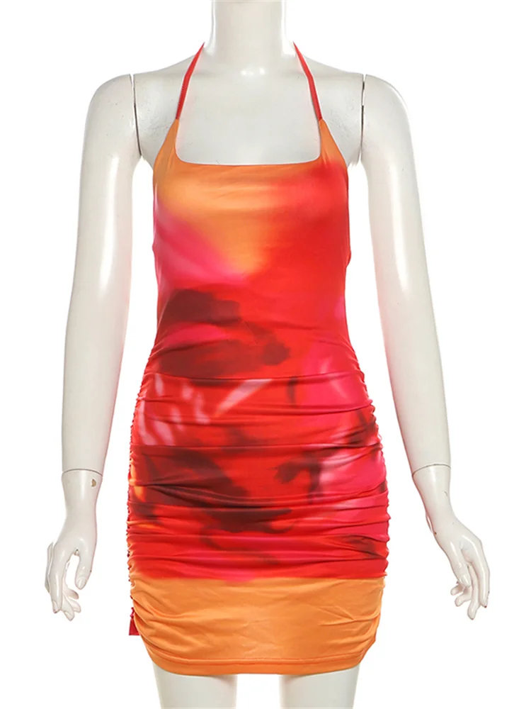 Macheda Gradient Imprimer Robe Femmes Y2K Lace-Up Halter Sexy Dos Nu Skinny Pêche Hanche Vacances Tendance Beach Party Mini Moulante
