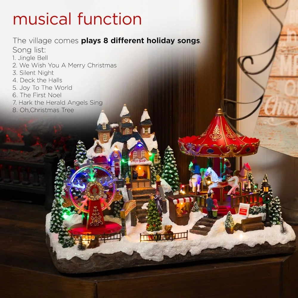 Animated Musical Christmas Theme Park Decor with 37 Multicolor LED Lights, 8 Holiday Songs, Moving Rides, and 5.6' Cord