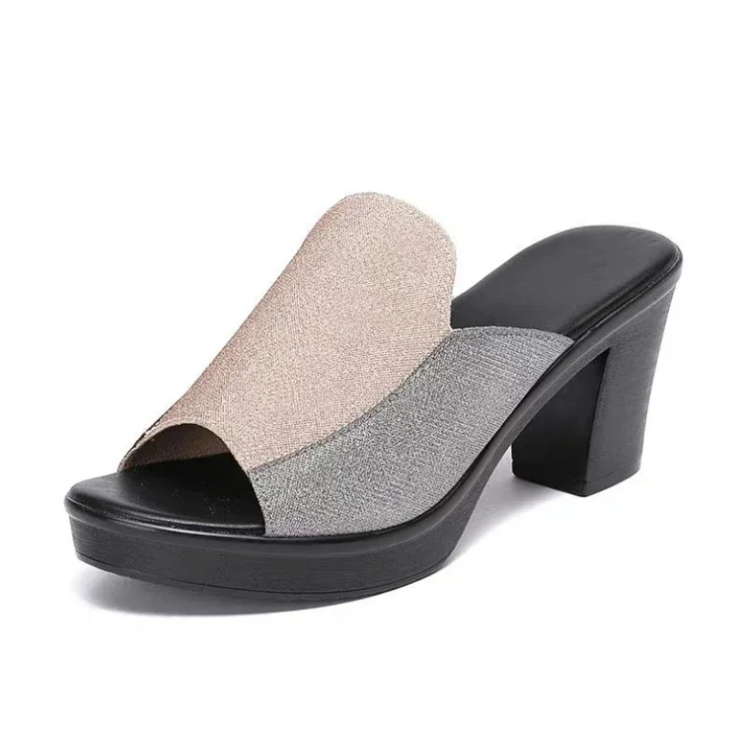 New High Heel Slippers for Women Square Heel Platform Women Sandals Thick-heeled Bright Leather Solid Color Casual Shoes