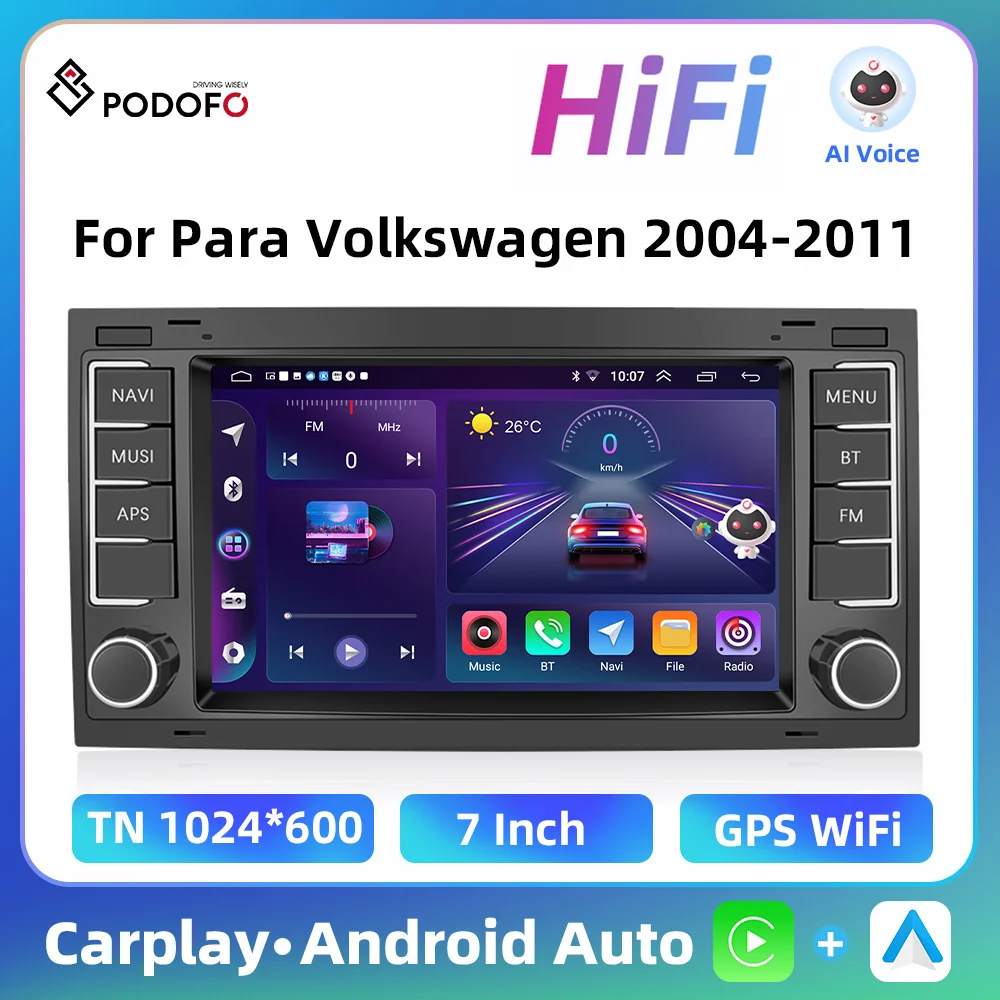 Podofo 7'' Carplay Car Radio For VW Touareg 2004-2011 Transporter Multivan Android Auto GPS WIFI 2+64G BT Car Multimedia Player