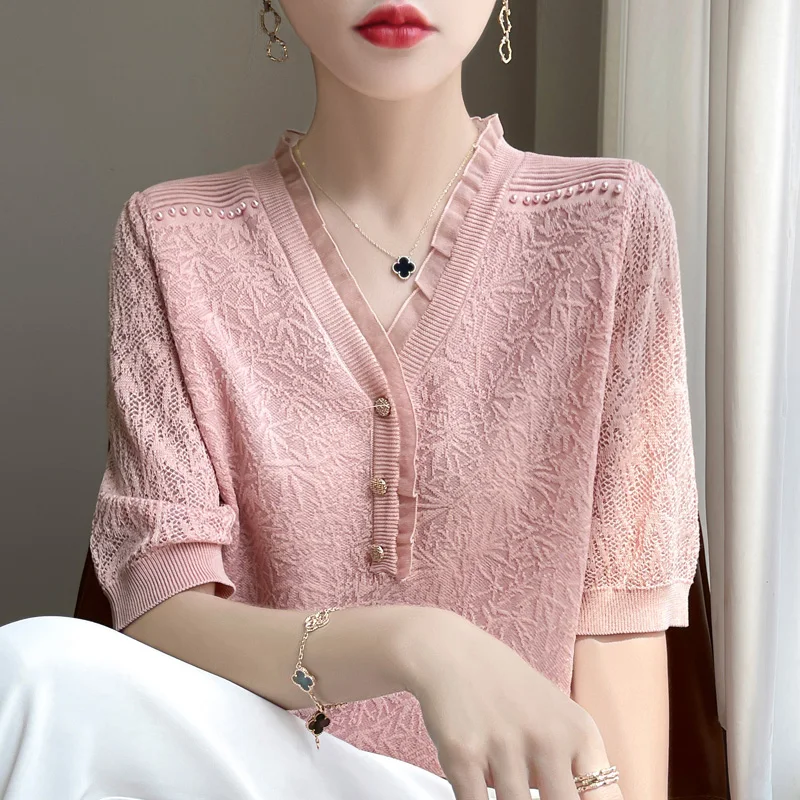 YSC New Fashion Women\'s V-neck Pullover Wool Knitted Sweater Lace short sleeved High quality Casual clothing Korean Fashion