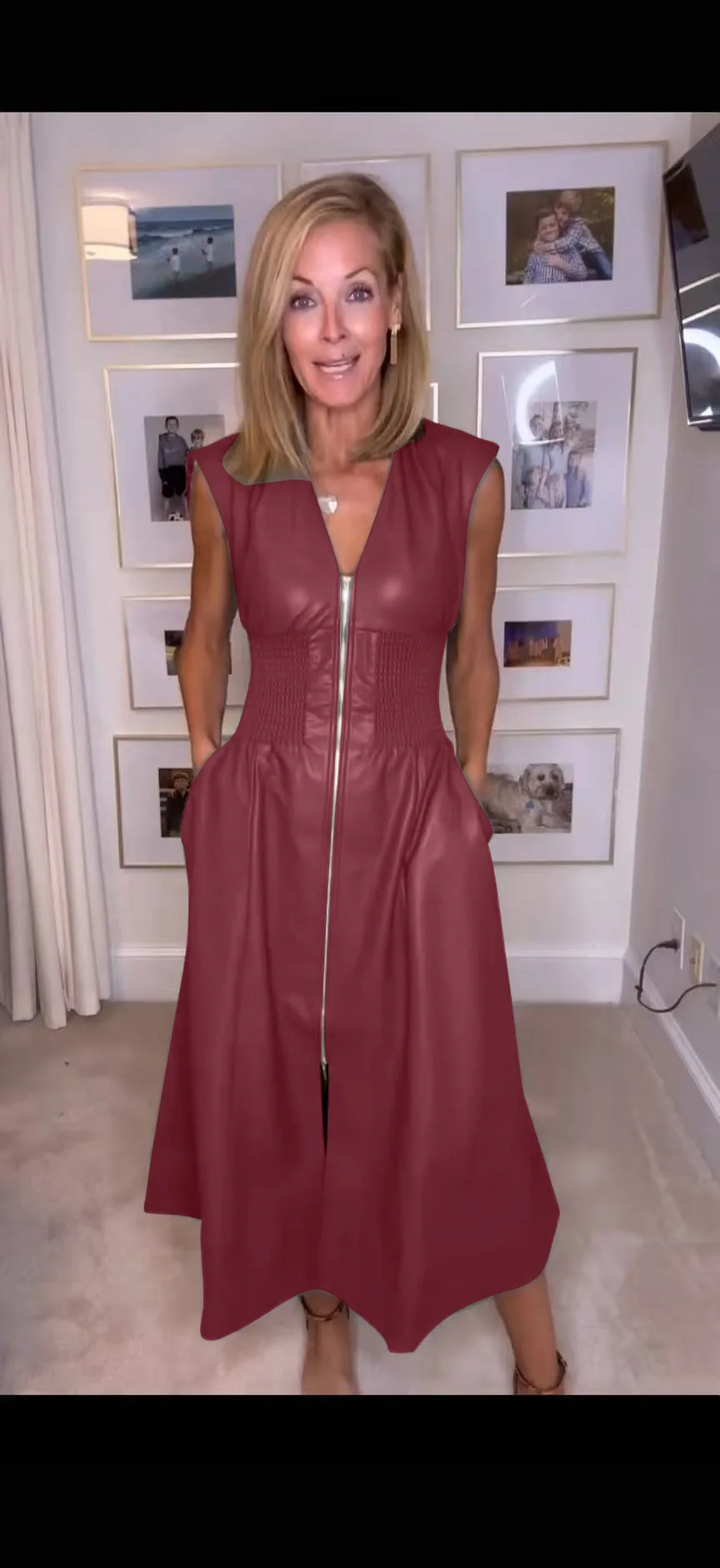 ชุดเดรสฝรั่งเศสของผู้หญิงแจ็คเก็ตหนังแขนกุดย้อนยุคซิปชุดยาวฤดูร้อน 2025