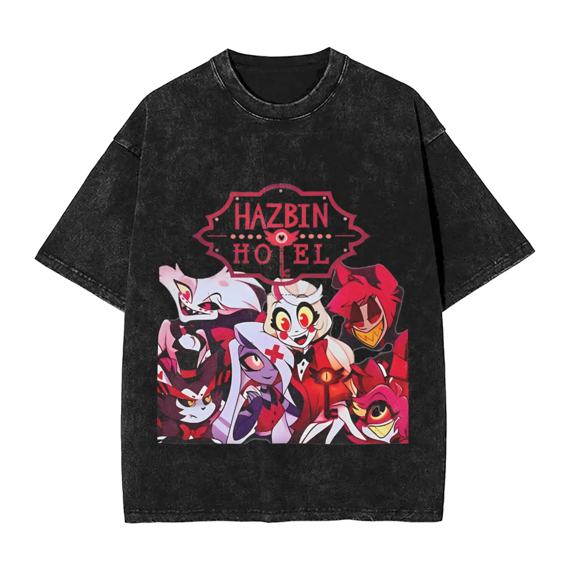 Hazbins Hotels Alastor Vox 2 Washed Graphic Print T-shirt Streetwear Hip Hop Vintage T-Shirt Men Women Cotton Oversized T-shirt