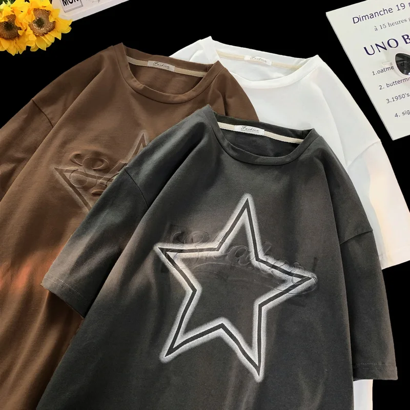 

American Retro Five-Pointed Star T-Shirt Men's Summer Tide Brand Pure Cotton Short Sleeve Top Oversize Couple Half Sleeve M-3XL