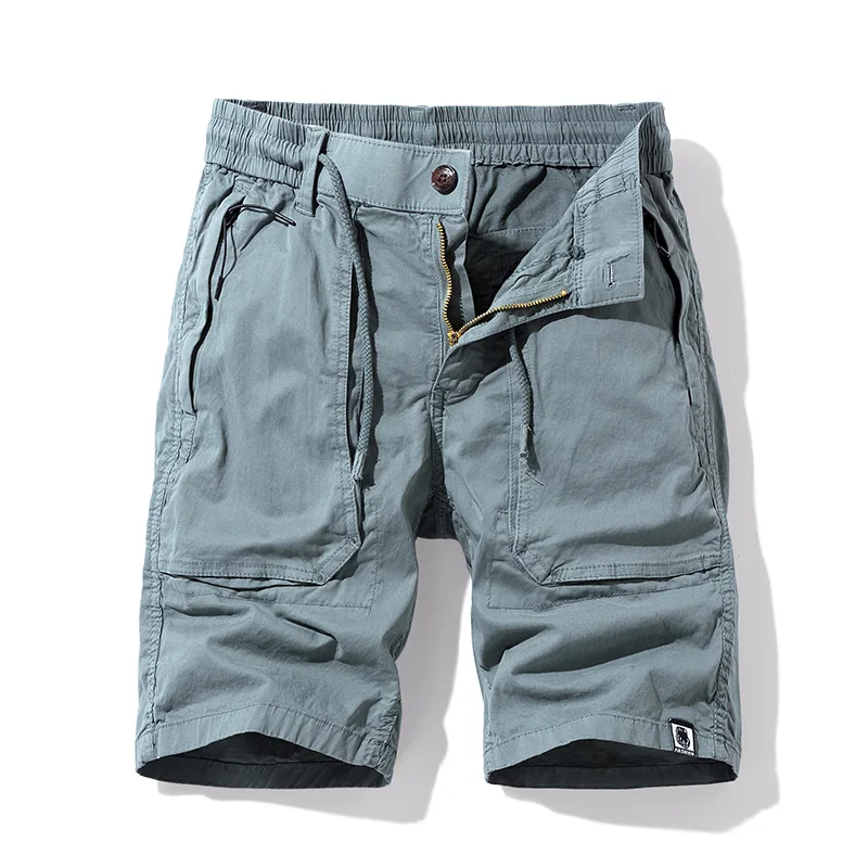 Summer Men Cargo Cotton Shorts Pants Mens Clothing Elastic Waist Casual Solid Beach Jogger Multi Pocket Shorts Male Dropshipping