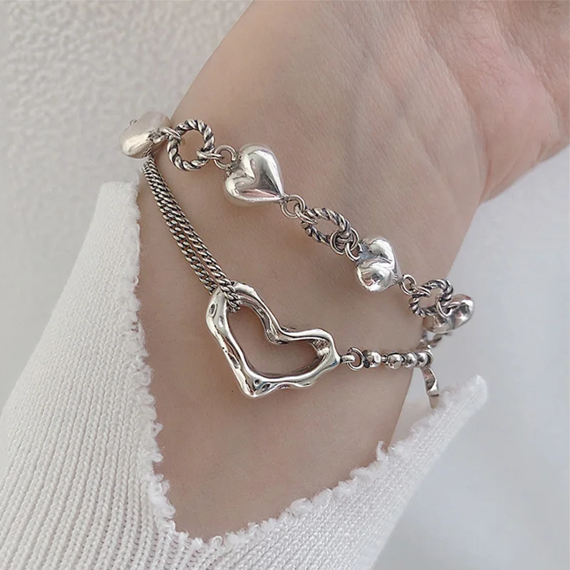 Foxanry 여성용 실버 컬러 러브 하트 기하학적 팔찌, 트렌디 빈티지 클래식 우아한 달콤한 기념일 쥬얼리 선물