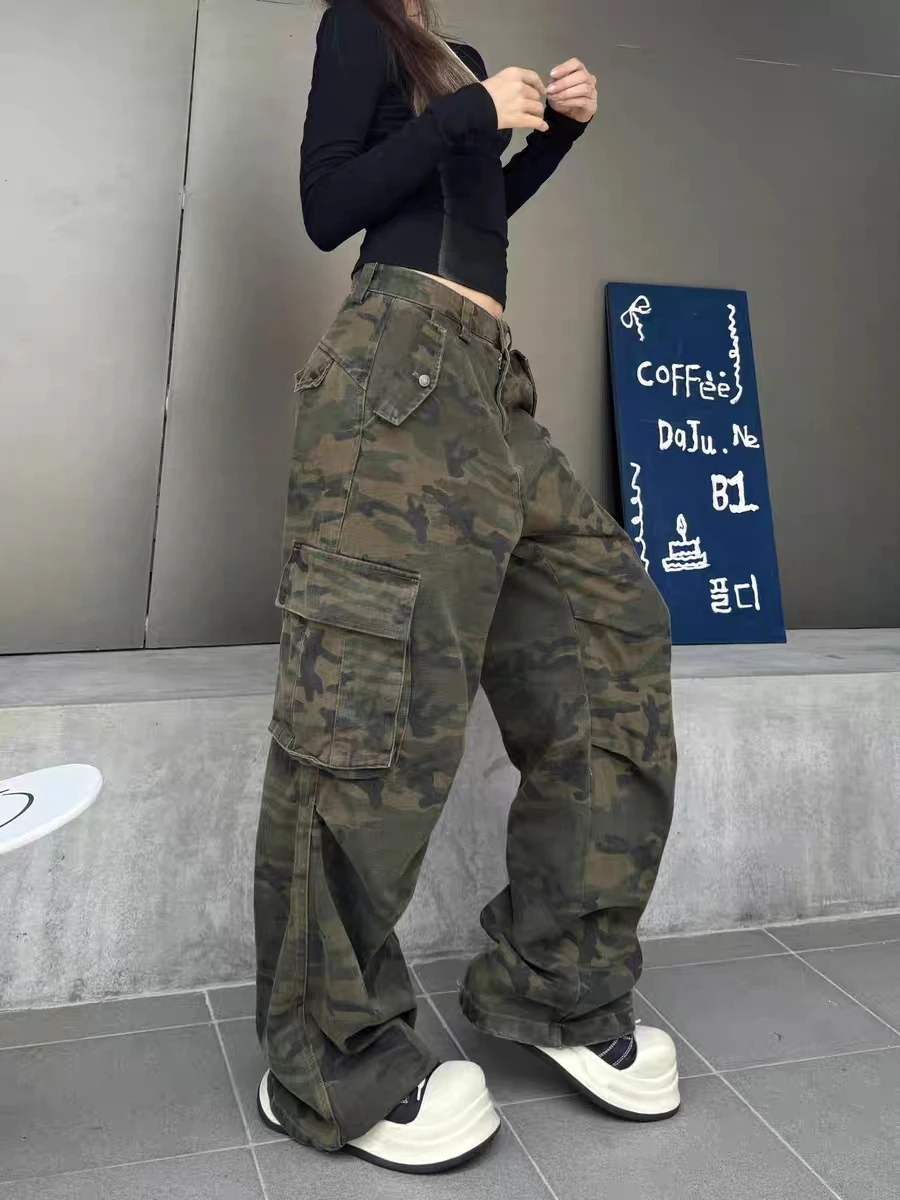 American Workwear Camouflage Wide Leg Jeans Women Loose Straight Vibe Street Micro Flared Leg Lengthening Multi Pocket