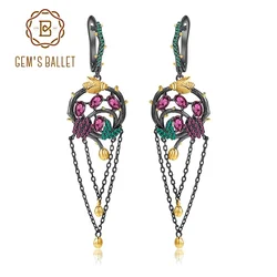 GEM'S BALLET Natural Rhodolite Garnet Tassel Earrings 925 Sterling Silver Handmade Gold Bee on Branch Drop Earrings for Women