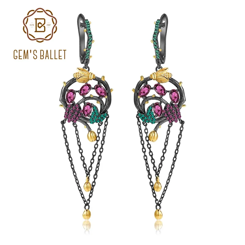 GEM'S BALLET Natural Rhodolite Garnet Tassel Earrings 925 Sterling Silver Handmade Gold Bee on Branch Drop Earrings for Women