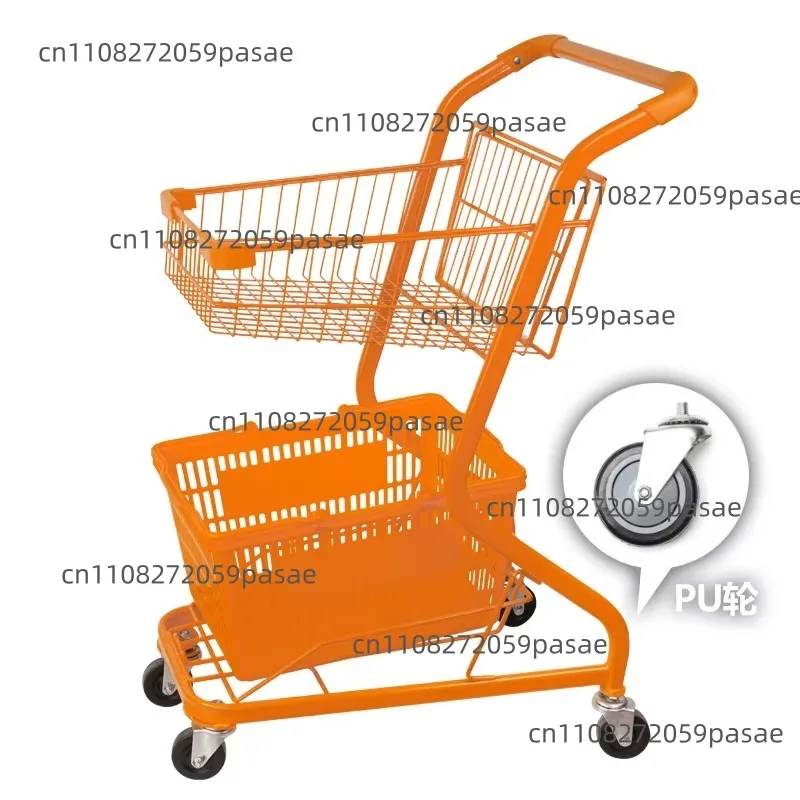 Durable foldable platform double basket cart for supermarket use, steel construction