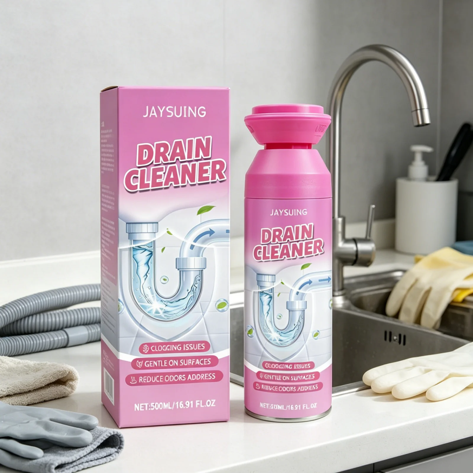 JAYSUING Drain Cleaner Quick Unclogging Dissolve Grease Break down Dirt Mild Safe Formula Multi Purpose Drain Clog Remover 500ml