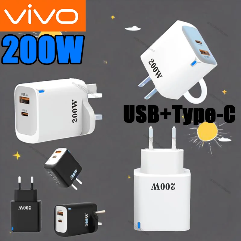 VIVO 200 واط شحن سريع رئيس متعدد المنافذ الاتحاد الأوروبي/الولايات المتحدة/المملكة المتحدة التوصيل Qc3.0pd USB نوع C شاحن الهاتف المحمول رئيس آيفون هواوي سامسونج #2