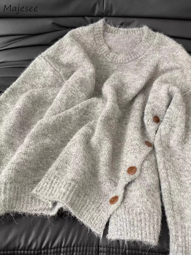 

Pullovers Women Soft Solid Button Design Lazy Style All-match Unique Knitted Sweaters Autumn Winter Simple Daily Streetwear Y2k