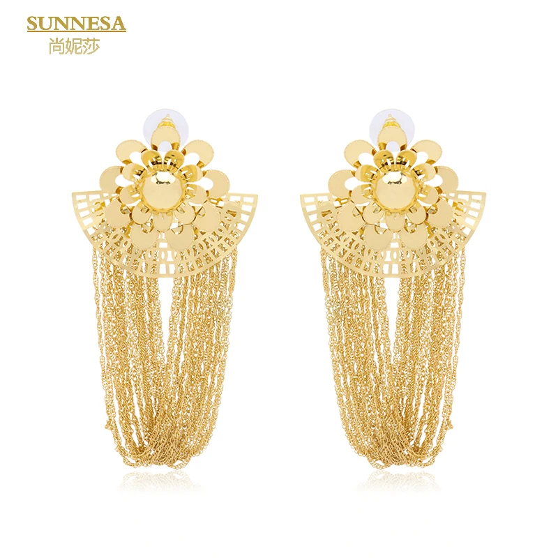 SUNNESA Long Tassel Earrings 18k Gold Plated Afrcian Jewelry for Women Party Irregularity Dangle Earrings Jewellery Accessories