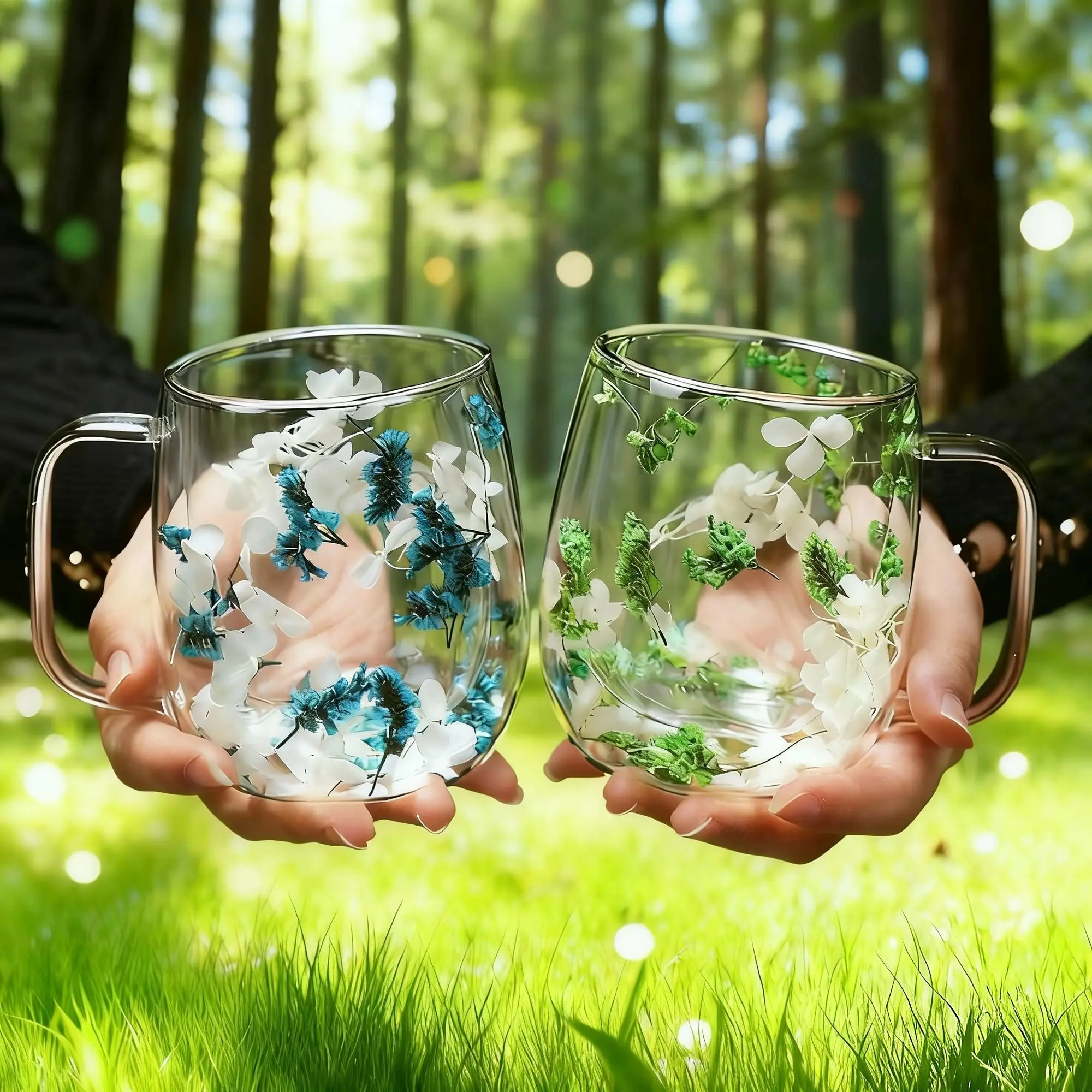 Double-Wall Clear Glass Mug with Dried Flower Core, Stylish Mug for Women’s Daily Water or Milk, Trendy Transparent Sipware