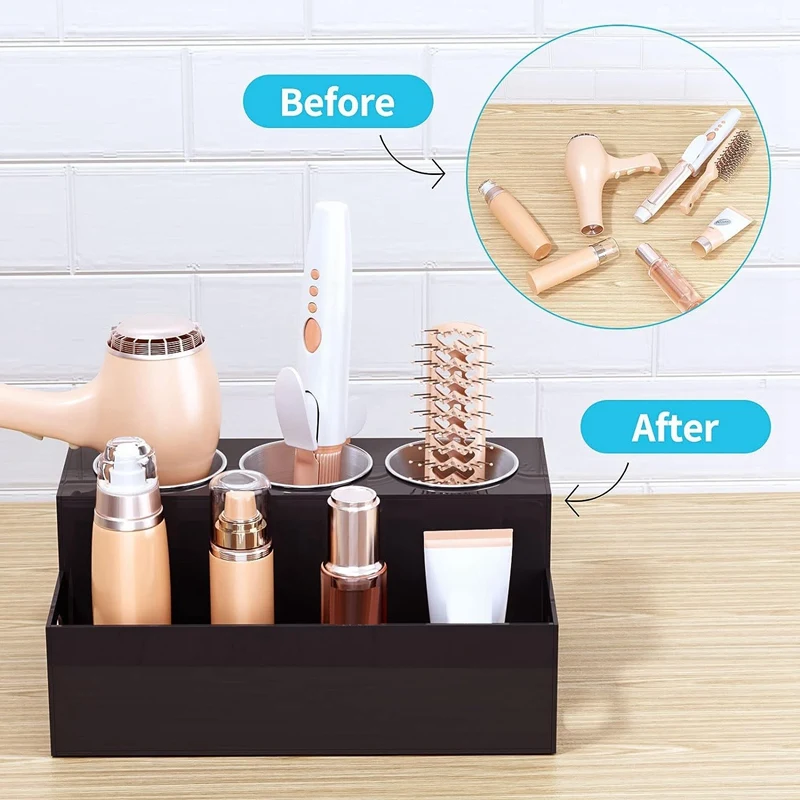 

Hair Tools Hair Tools Organizer Hair Dryer Holder Countertop Blow Dryer Stand Storage for Vanity Bathroom with 3 Cups Black
