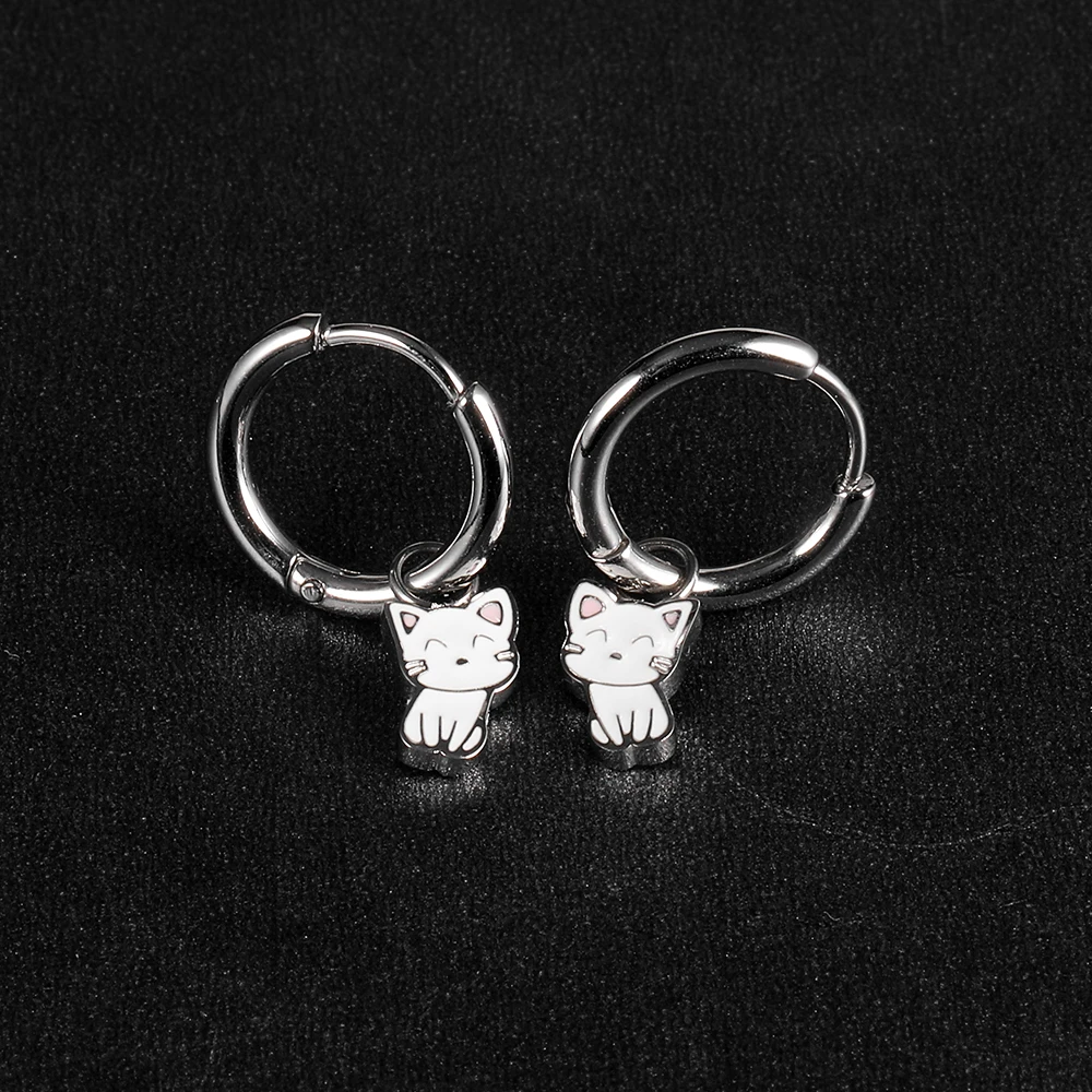 1 Pair of Stainless Steel Plain Ring Earrings With Cartoon Cute Cat Pendant Earrings and Earrings