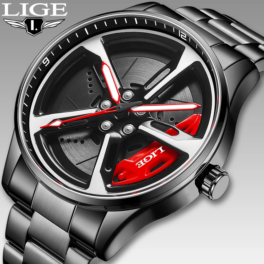 LIGE 2026 Men Quartz Watch Car Wheel Rim Hollow Dial Stainless Steel Band Waterproof Fashion Sports Male Wristwatch Racing Gift