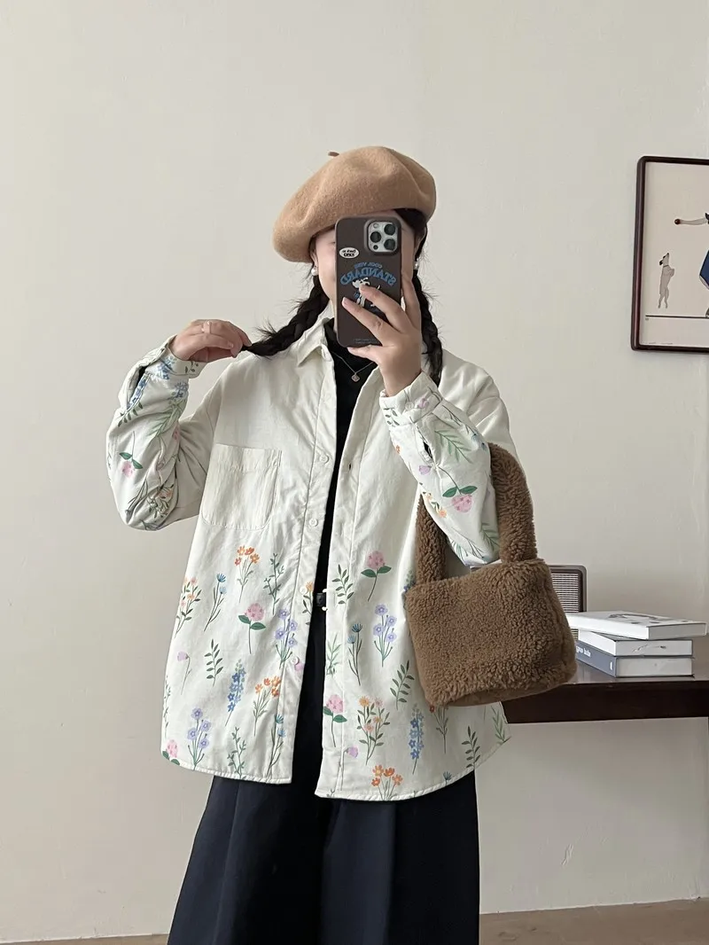 Japanese Sweet Mori Girl Floral Printed Cotton Padded Shirts Women Autumn Winter Long Sleeve Warm Loose Prairie Chic Outerwear