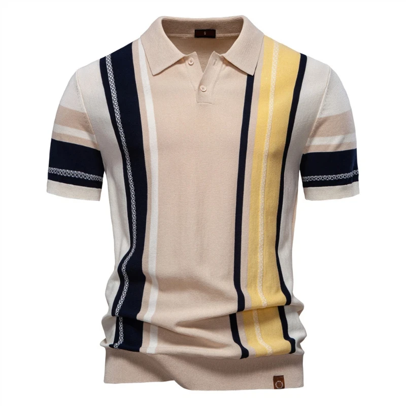 

Summer new men's long-sleeved short-sleeved T-shirt with pleated collar, fashionable knitted polo with striped patching