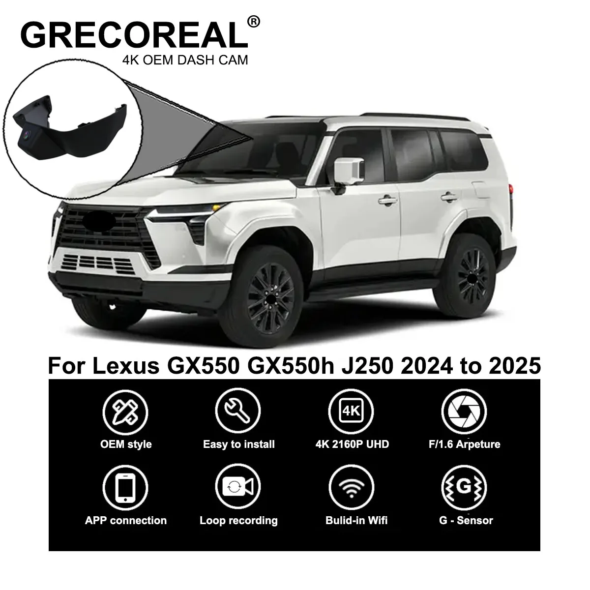 

GRECOREAL 4K Dash Cam Front and Rear WiFi 2160P Car Dual Dashcam APP Control Plug Play Compatible with Lexus GX550 GX550h J250