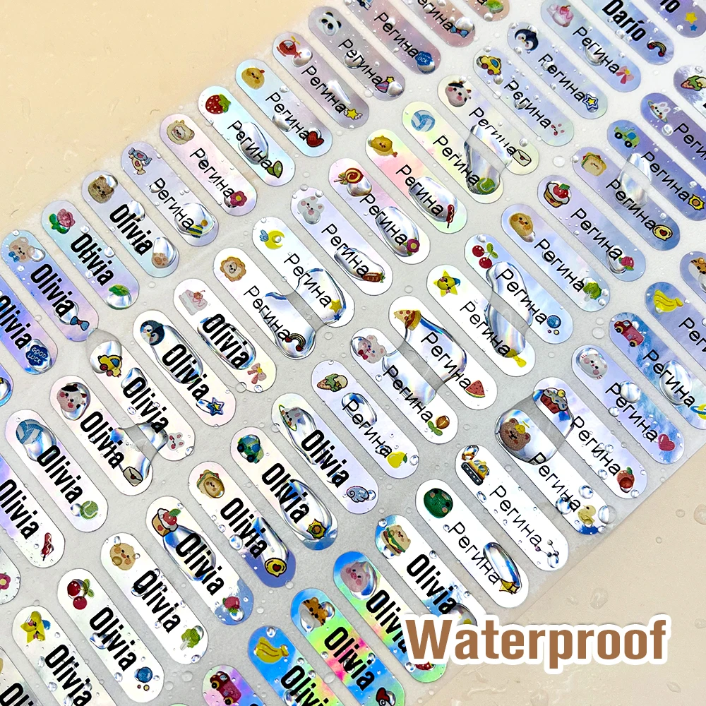 Waterproof Holograma Nome Adesivo para Crianças, Decalques Adesivos de Prata, Etiqueta Personalizada do Primeiro Nome, Tag de Papelaria, 200Pcs