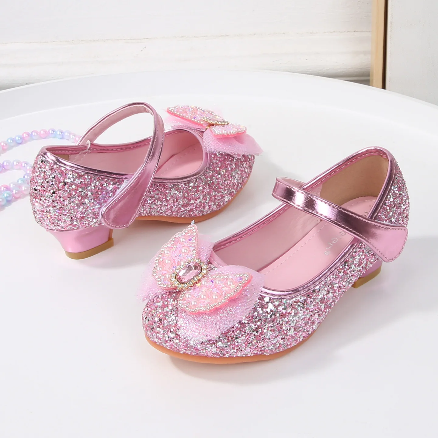 Kids'Casual Shoes Girls PU Leather Spring Bow Sequin Crystal Sport Outdoor High Heels Designer Anti-slip Pink Blue Size 25-36