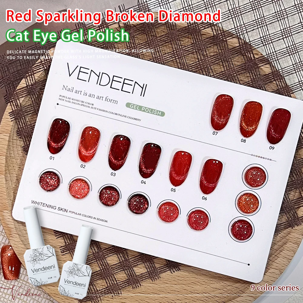 

Vendeeni 9 Color/Set Glitter Broken Diamond Cat Eye Gel Nail Polish Red Magnetic UV LED Gel Varnish Nail Art Cat Eye Gel Lacquer