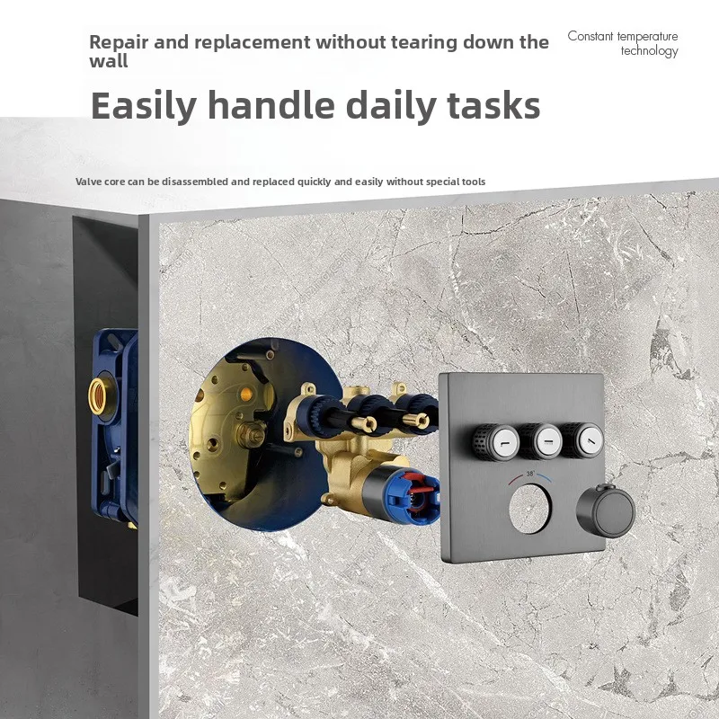 Modern Thermostatic Copper Concealed Shower Set Push-Button Control Square Shower Head Spray/Massage/Rain Patterns Wall-Mounted
