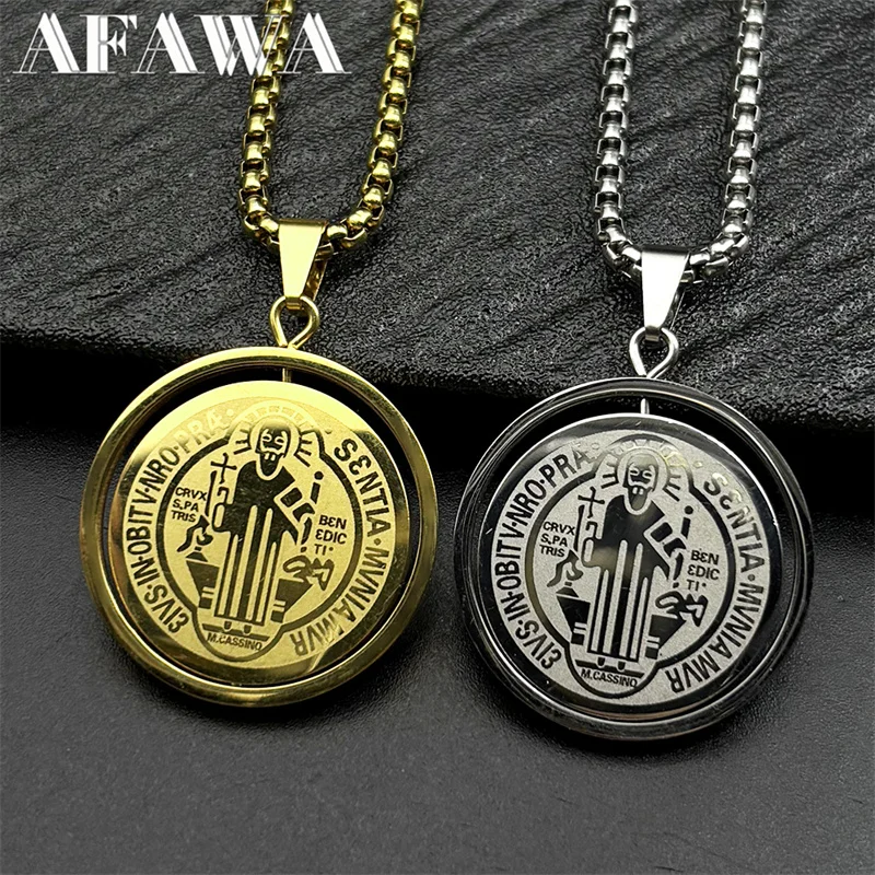 تدوير الكاثوليكية سانت بنديكت ميدالية قلادة للنساء الرجال الفولاذ المقاوم للصدأ الذهب اللون سلسلة القلائد مجوهرات سان بينيتو #4