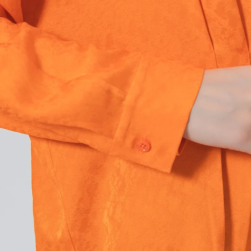 VOA خريف جديد أنيق الحرير الجاكار سعيد برتقالي بولو طوق أضعاف واحدة الصدر الراتنج بلون قميص الإناث بلايز BE815