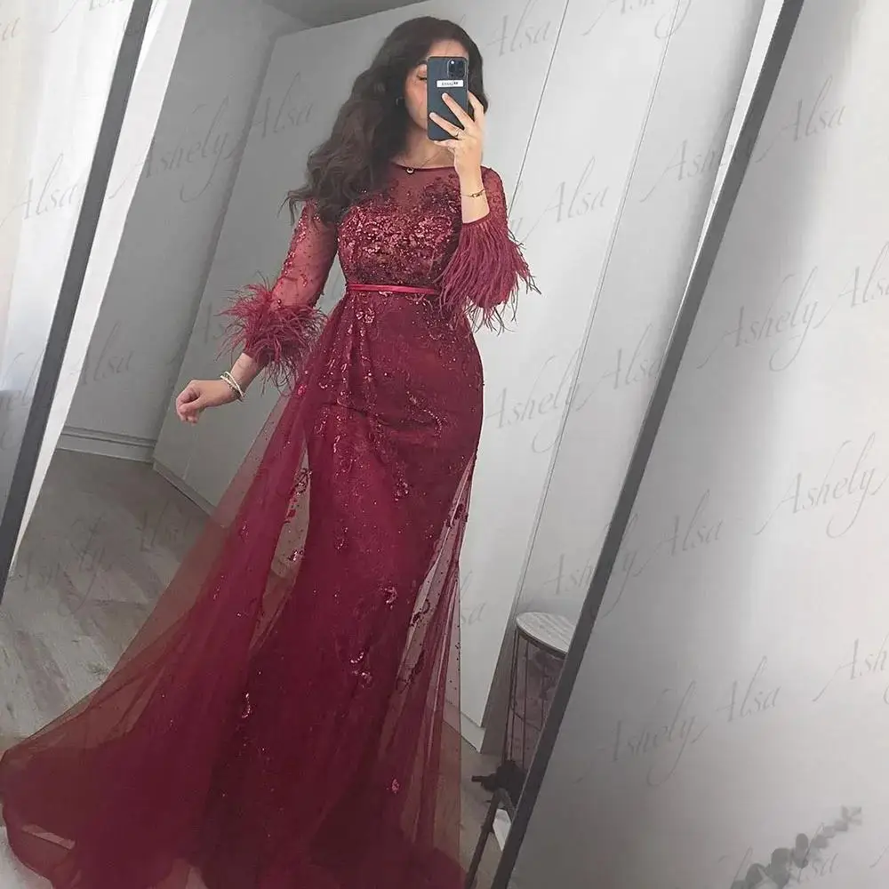 AA192 Customized Wine Red Women Evening Dresses Long Sleeve 2025 Meramid Formal Occasion Dress Wedding Party Gown Prom Wear Robe