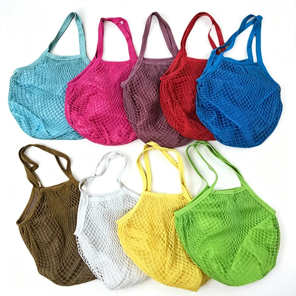 Cotton Mesh Tote Bag with Lining Reusable Net Shopping Grocery Bag Portable Shoulder Bag Handbag for Beach Travel Supermarket