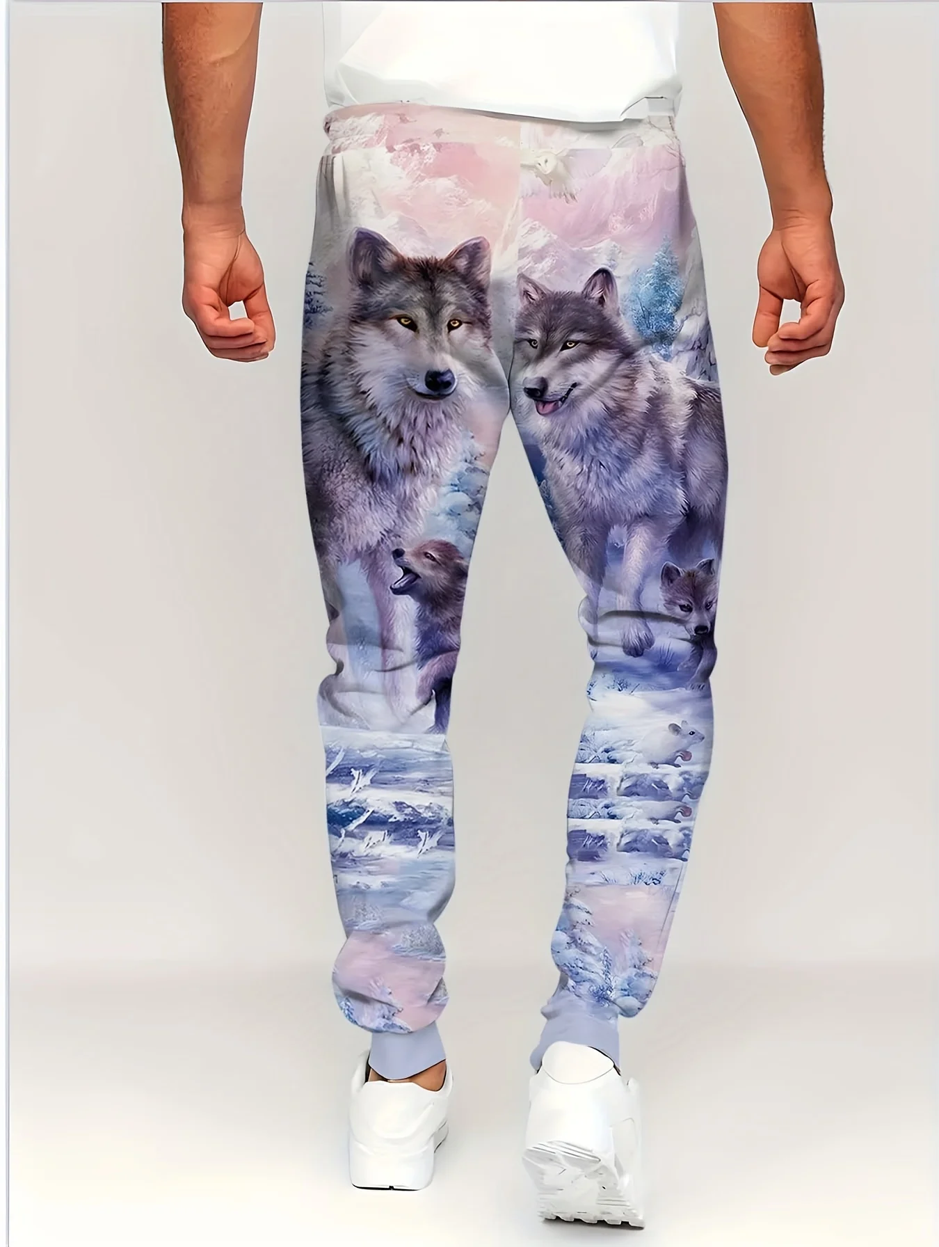 Tweedelige casual sportkledingset voor heren met lange mouwen en wolfprint, geschikt voor herfst- en wintermannen om te dragen