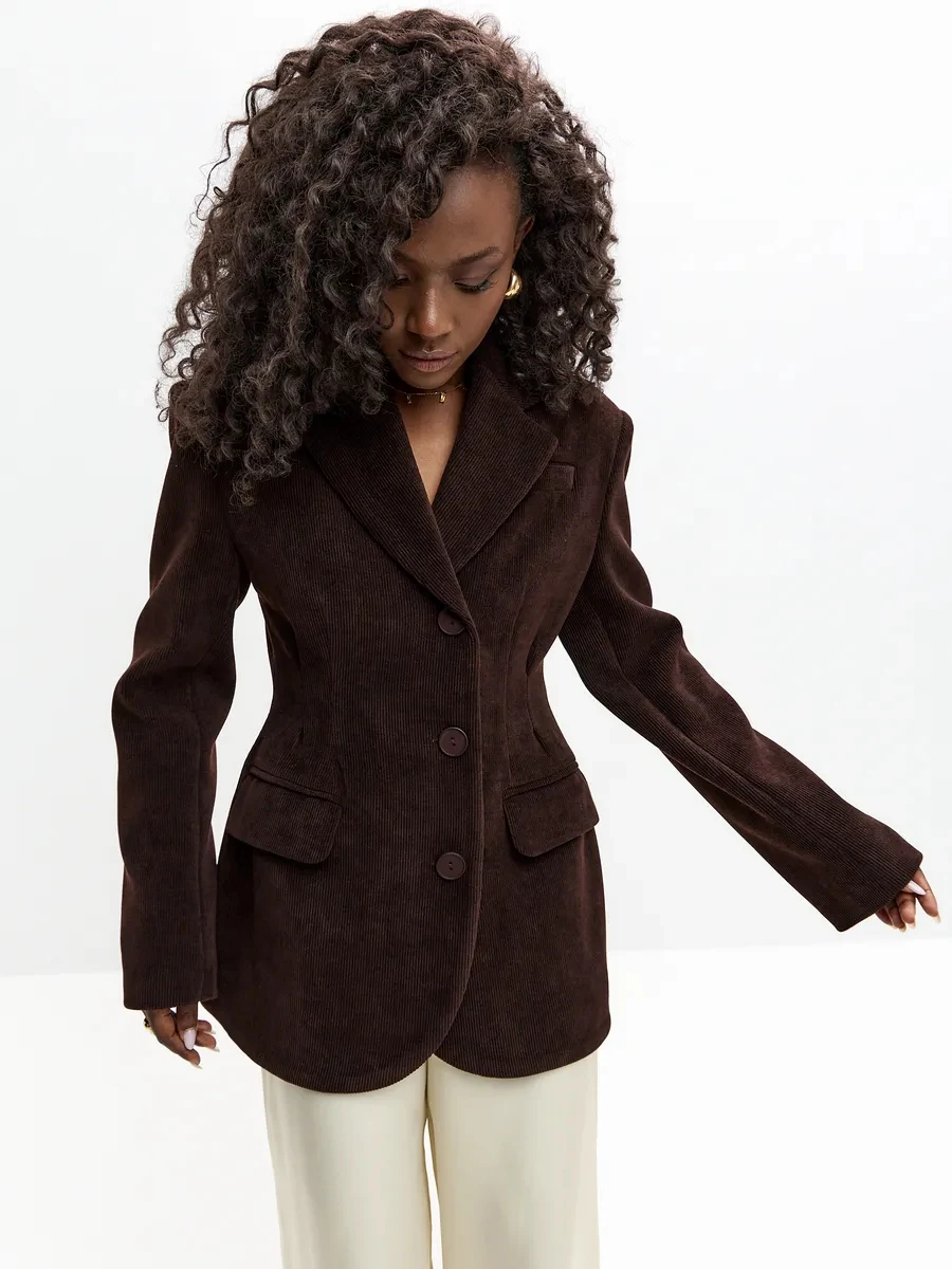 Chic Women Brown Corduroy Coat Lapel Collar Button Down Slim Fit Jacket with Flap Pockets Fall Workwear