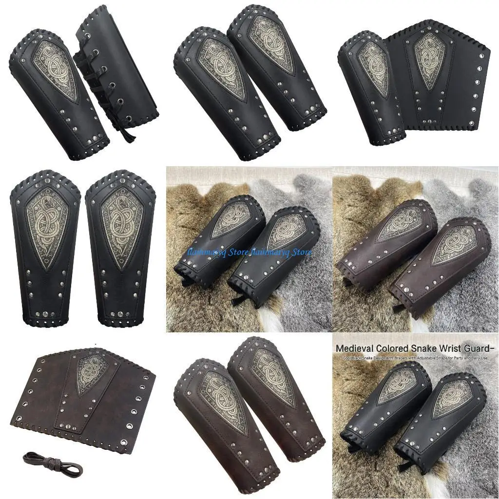 

573B Role Play Knight Arm Guards with Embossed Pattern Medieval Bracers Male Carnivals PU Bracers with Alloy Rivet Decors
