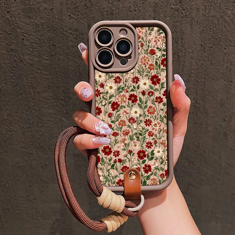 

Cute Flower Pattern Lanyard Strap Rope Phone Case For iPhone 16 17 Pro Max 11 12 13 14 15 16E XS X XR 7 Plus Silicone Soft Cover