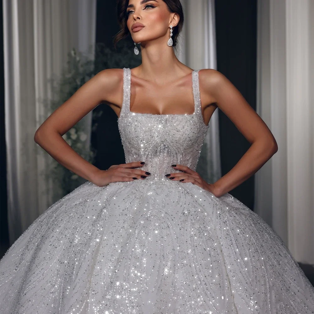 Abito da sposa modesto con scollo quadrato Paillettes scintillanti Perline Abito da sposa 2025 Abito da ballo di lusso Abito da sposa Vestido De Novia personalizzato