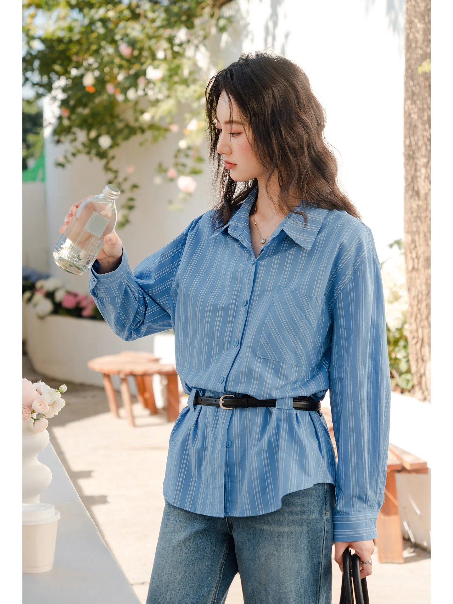 

Waist-Cinching Striped Belted irt Spring Summer 2026 New Vintage Sle Women's Cotton Long Sve Button-Up irt