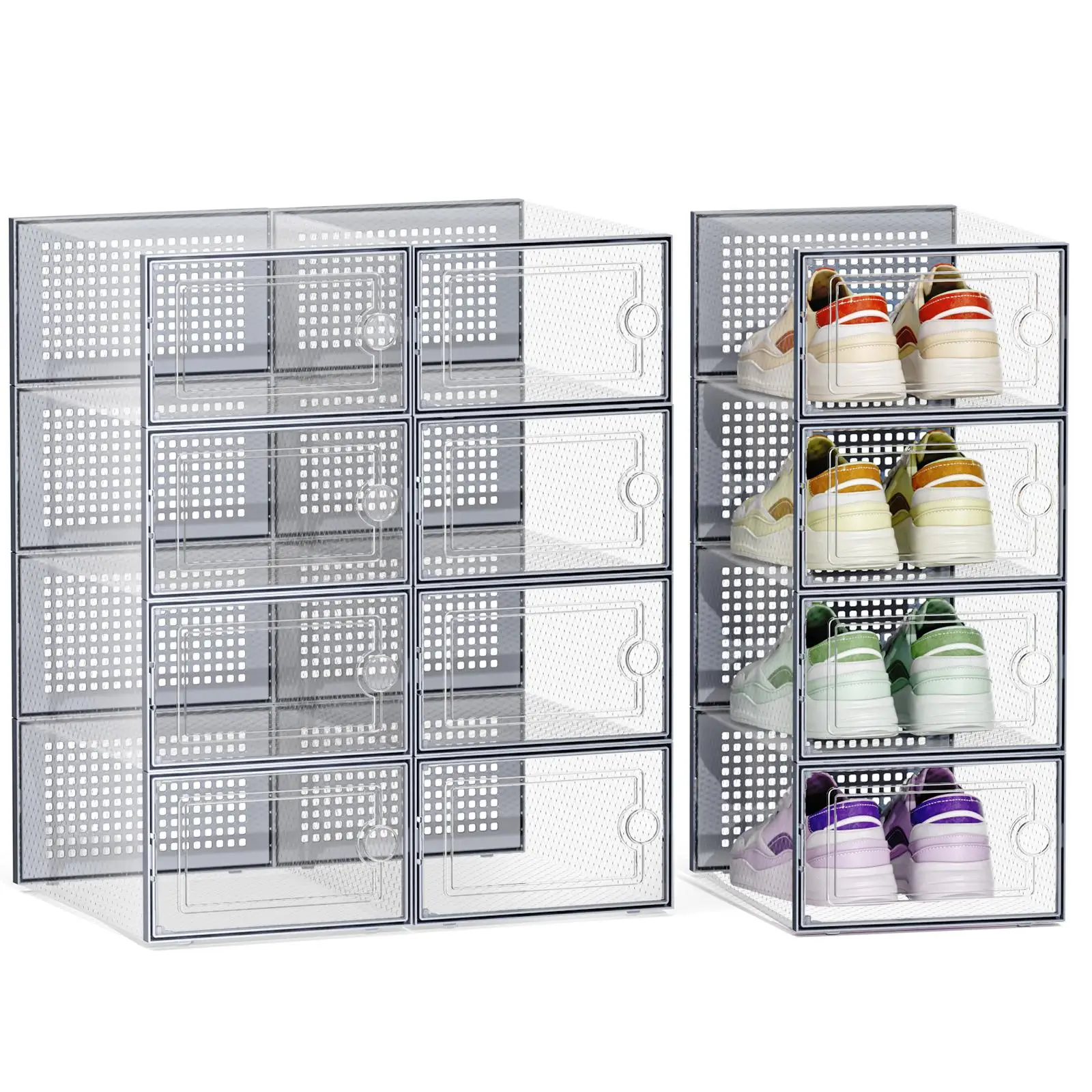 12/24 Pcs Thick Clear Shoe Boxes Foldable Stackable Plastic Storage Organizer with Lids Space Saving Sneaker Display Containers Freely Combinable Closet Shoe Cabinet for Home Bedroom Entryway