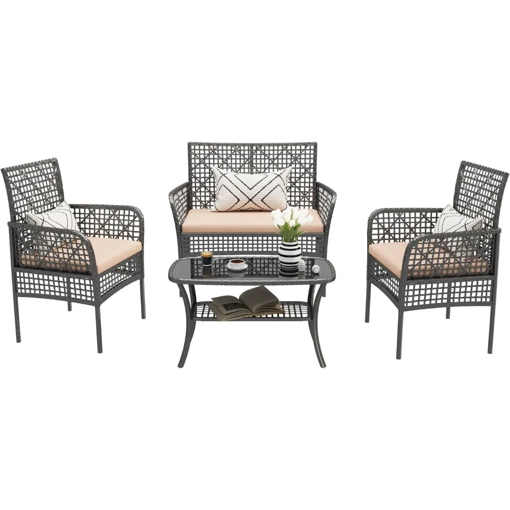 

4 Pieces Outdoor Patio Furniture Set,PE Rattan Wicker Garden Conversation Chairs with Tempered Glass Table and Soft Cushions