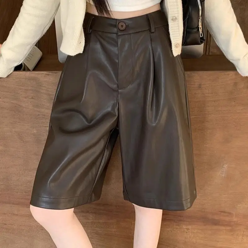 

Pu Leather Shorts Women'S Autumn And Winter New High Waisted A-Line Boot Pants Loose Slimming Wide Leg Five Quarter Pants